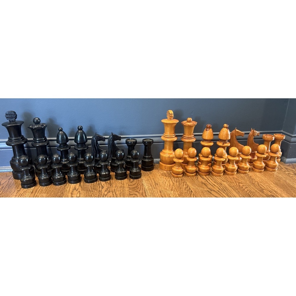 MCM Vtg Hand Carved Wooden Chess 32 Pieces Set Game 10.5" King -No Board